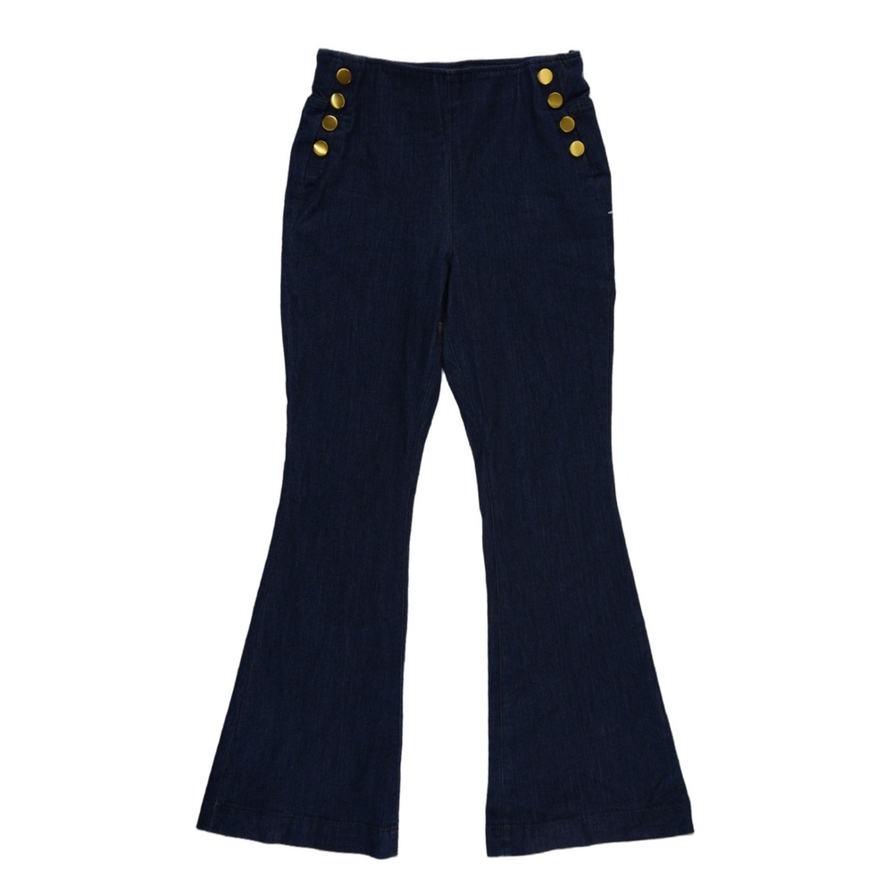 INC Flare Sailor Jeans Women's Size 8 Indigo Blue Gold Button Pull‎ On